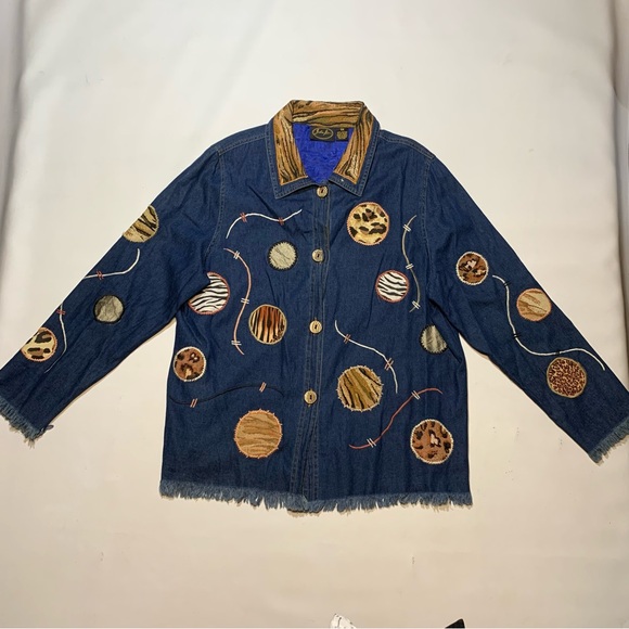 Julia Kim 1X XL animal print denim patchwork circles button up jacket 95809 raw - Picture 2 of 11